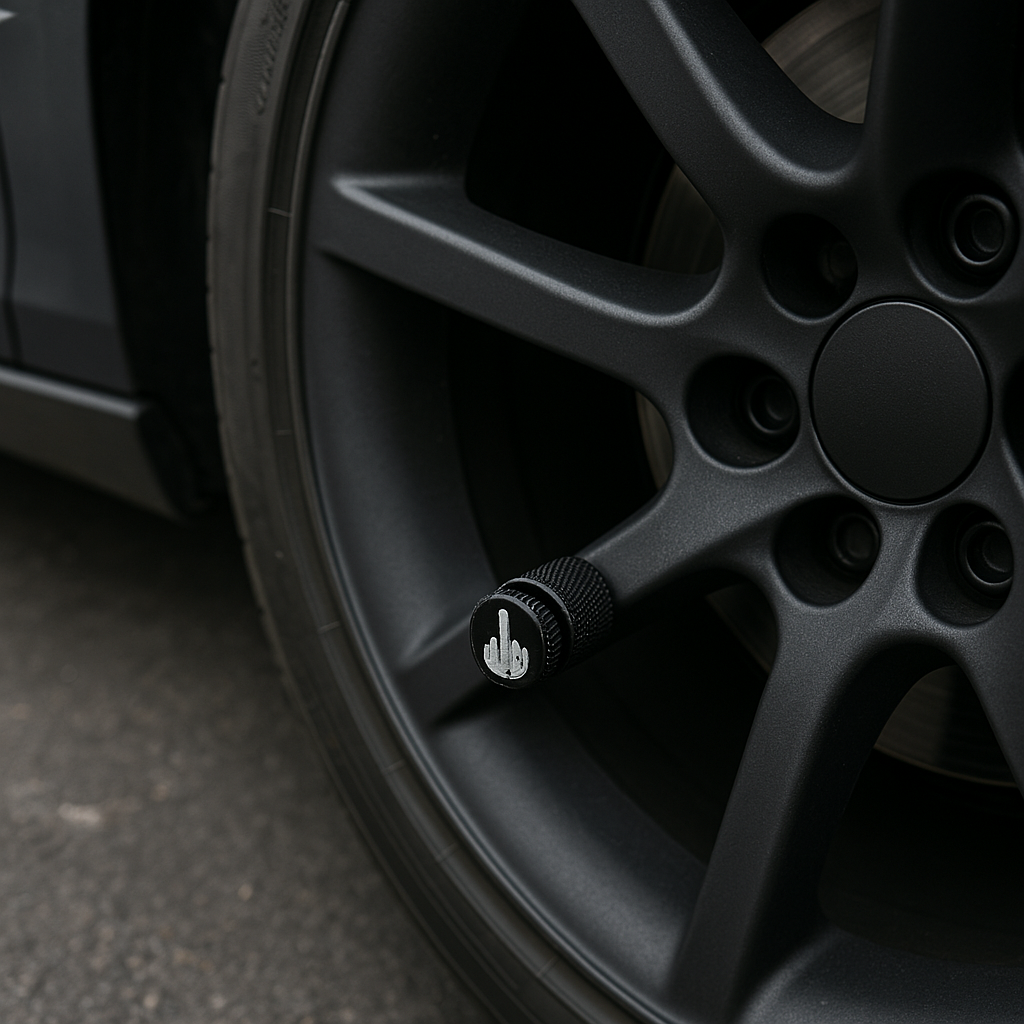 Close-up of rugged black Savage Valve Caps featuring a middle finger design, installed on matte alloy wheels of a parked sports sedan in an urban setting.