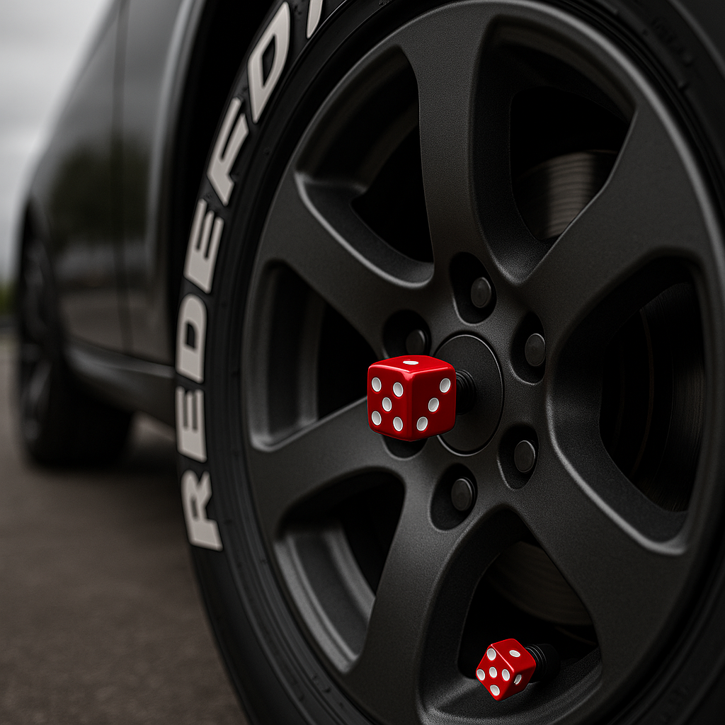  Close-up of a matte black car wheel featuring red dice-shaped valve caps and bold white tire lettering, showcasing ChroMorpher Lucky Dice Valve Caps