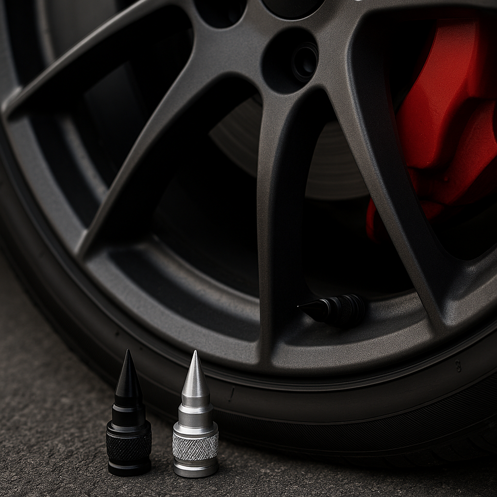 Close-up ad showing Micro Spiked Aluminum Valve Caps in black and silver finish placed in front of a custom wheel with red brake caliper