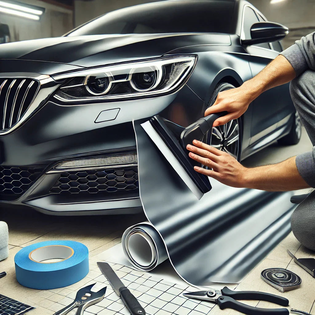 A person applying matte black vinyl wrap to a car’s chrome trim in a well-lit garage. 