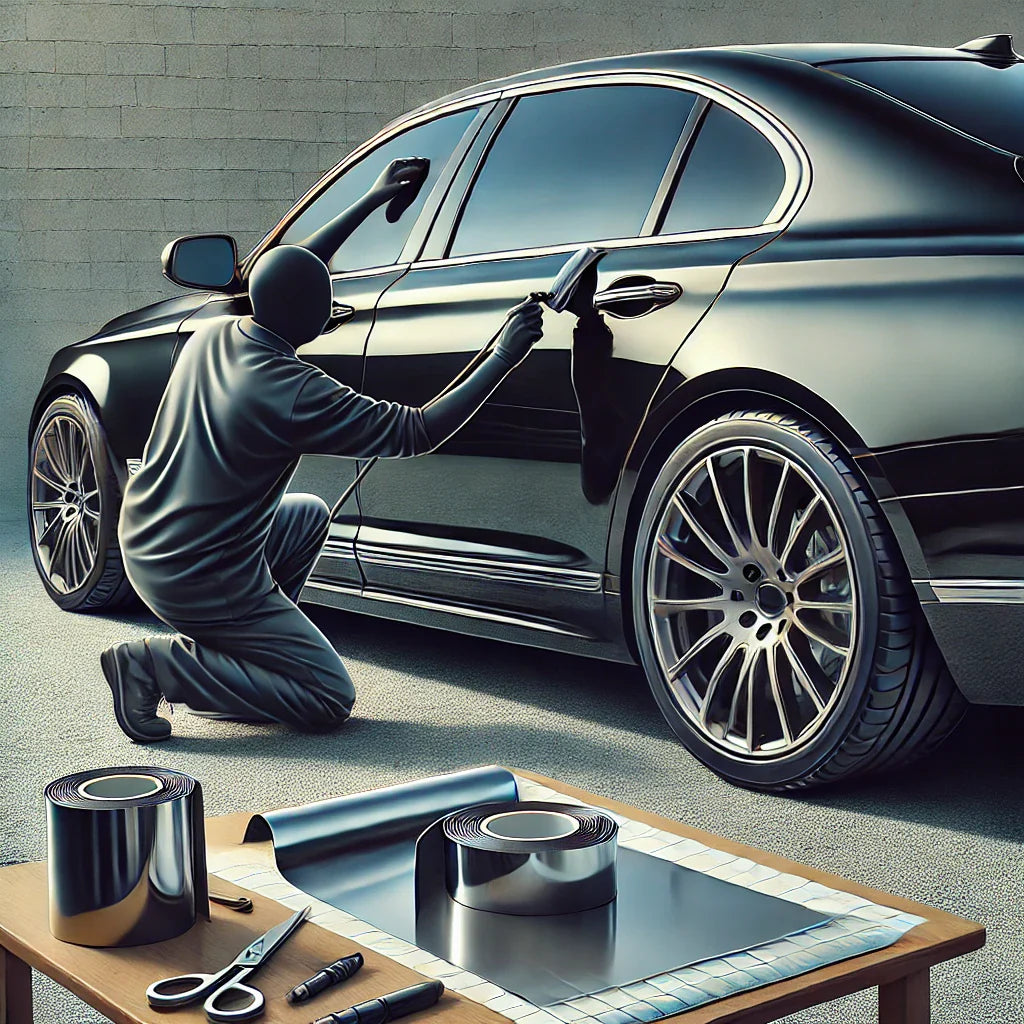 A person applying matte black ChroMorpher vinyl wrap to the chrome window trim of a luxury sedan in an outdoor driveway.
