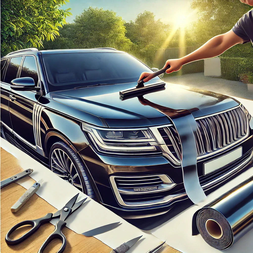 A person applying glossy black ChroMorpher vinyl wrap to the roof rails of a luxury SUV in a sunny outdoor setting.