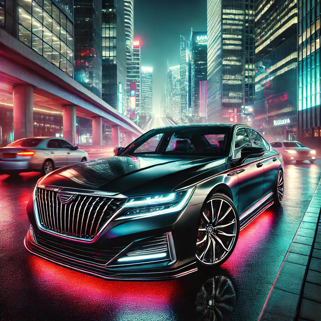 A sleek modern car in an urban cityscape at night, showcasing ChroMorpher vinyl wraps with matte black chrome deletes, a glossy hood, and illuminated interior accents.