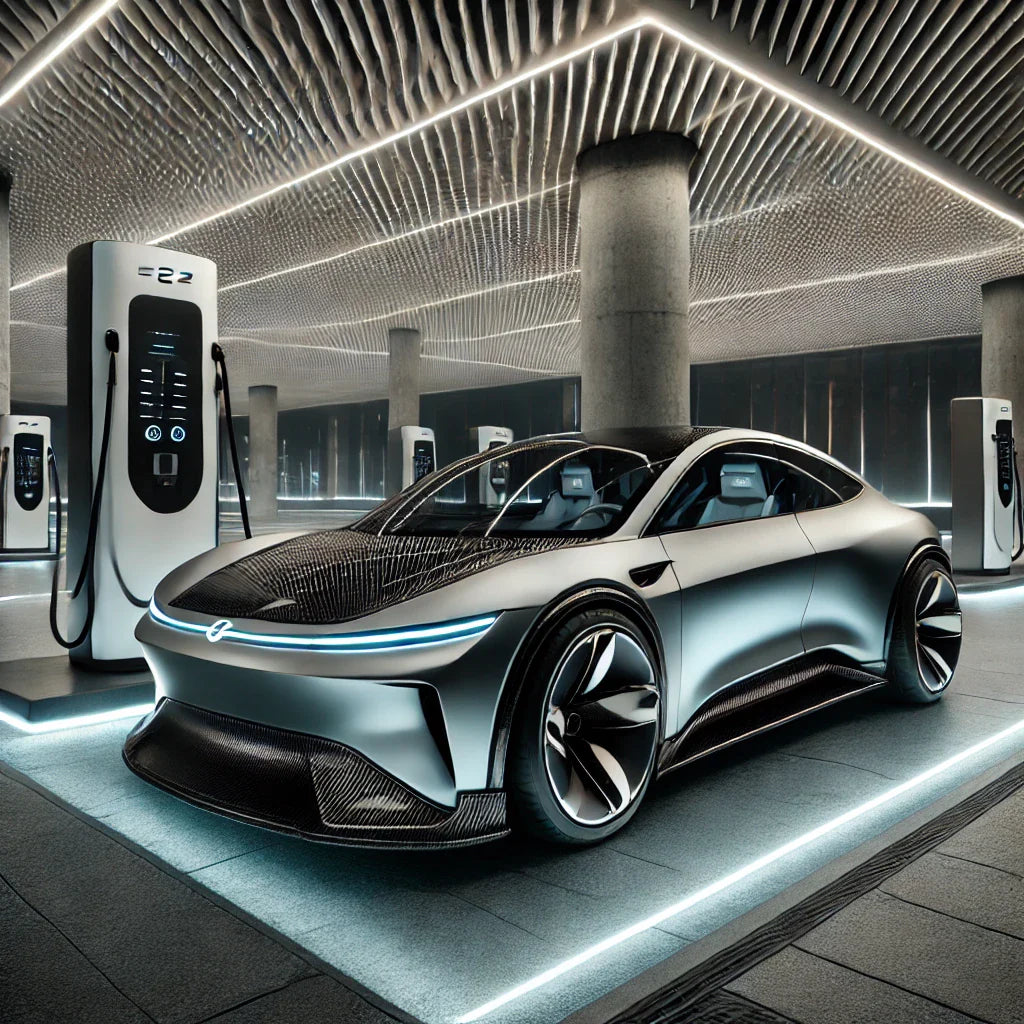 An electric car with ChroMorpher vinyl, featuring matte black chrome deletes and a carbon-fiber roof, near a high-tech charging station.