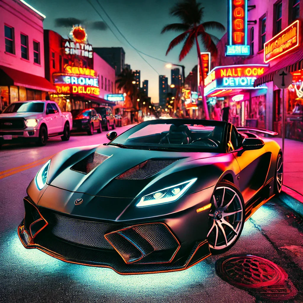 A luxury convertible wrapped in ChroMorpher vinyl, featuring matte black chrome deletes and a glossy carbon-fiber hood, parked on a vibrant city street.