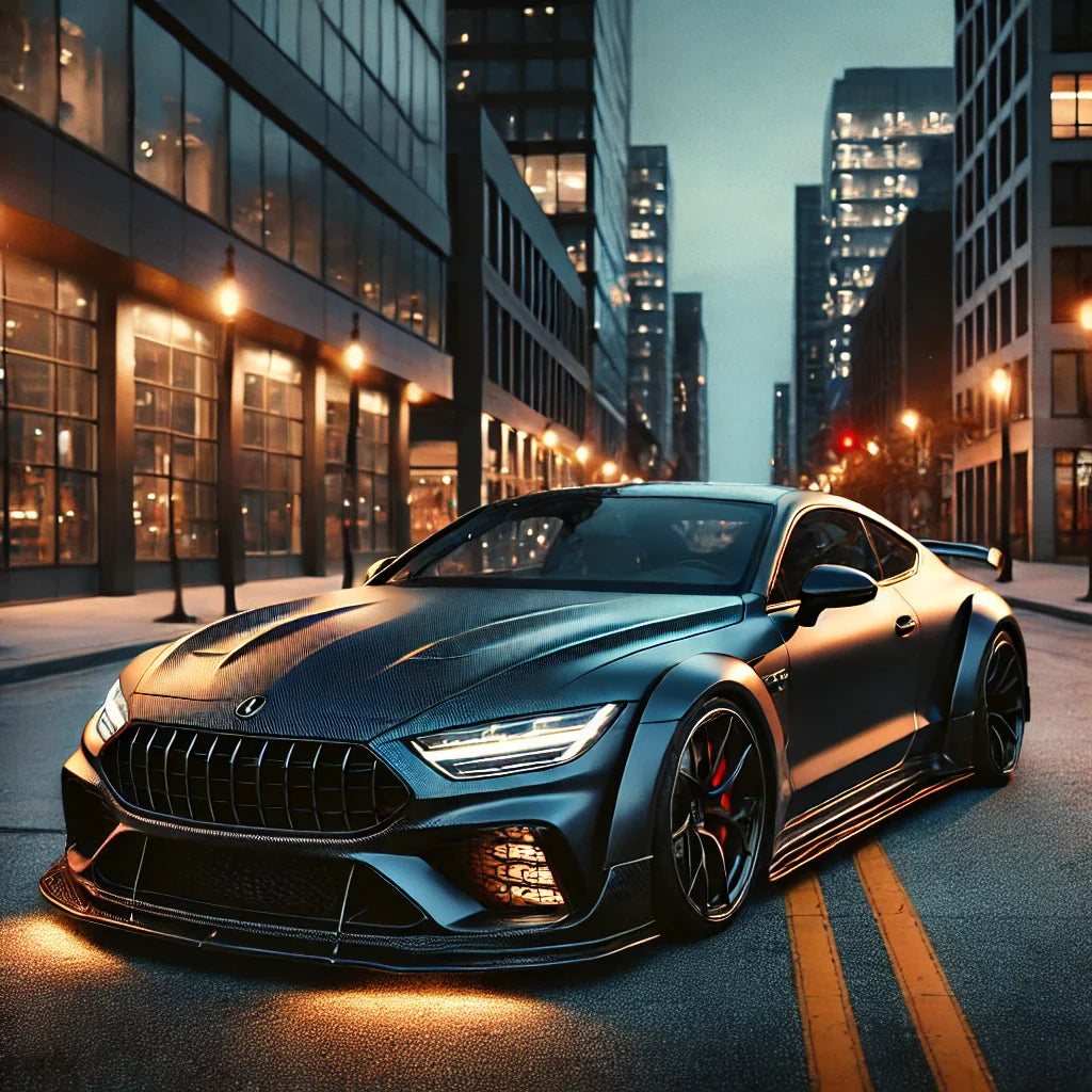 A luxury coupe with ChroMorpher vinyl wraps, featuring matte black chrome deletes and a carbon-fiber hood, parked on a high-end urban street at dusk.