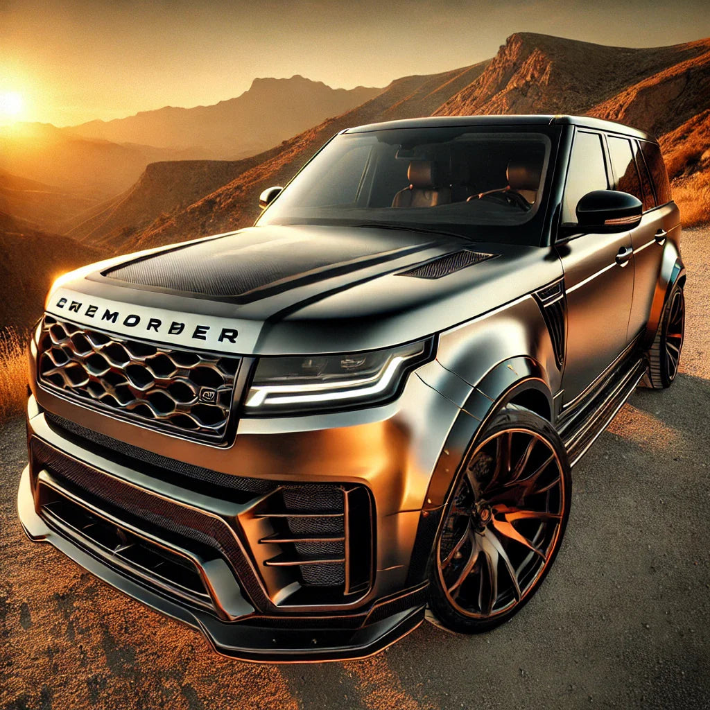 A luxury SUV wrapped in ChroMorpher vinyl, featuring matte black chrome deletes, a brushed metallic hood wrap, and a custom-wrapped dashboard, parked on a scenic overlook at golden hour.