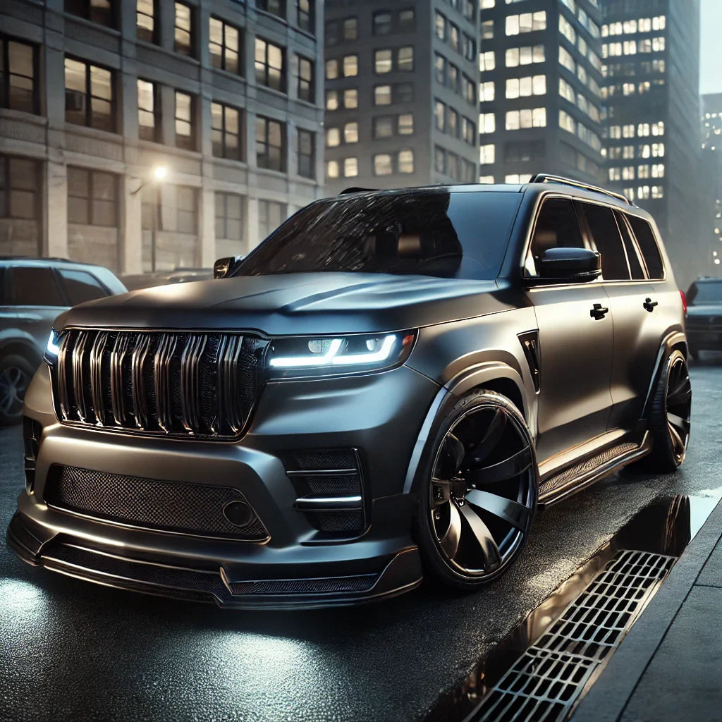 A luxury SUV wrapped in ChroMorpher vinyl, featuring matte black chrome deletes, a deep matte charcoal hood wrap, and a custom-wrapped interior dashboard, parked in a high-end urban setting at dusk.