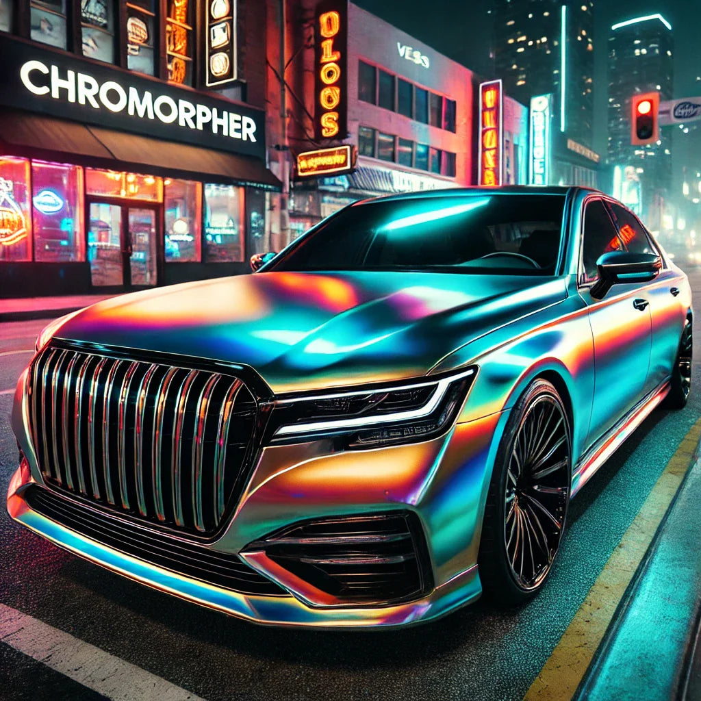 A luxury sedan wrapped in ChroMorpher glossy bright vinyl, featuring matte black chrome deletes and a custom-wrapped interior dashboard, parked in a vibrant urban setting at night, reflecting neon lights for a sleek, high-end look.