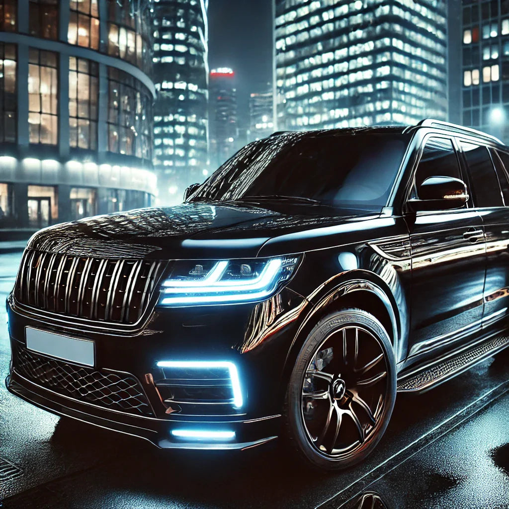 A sleek sports SUV wrapped in ChroMorpher Glossy Black Vinyl, featuring a deep reflective shine.