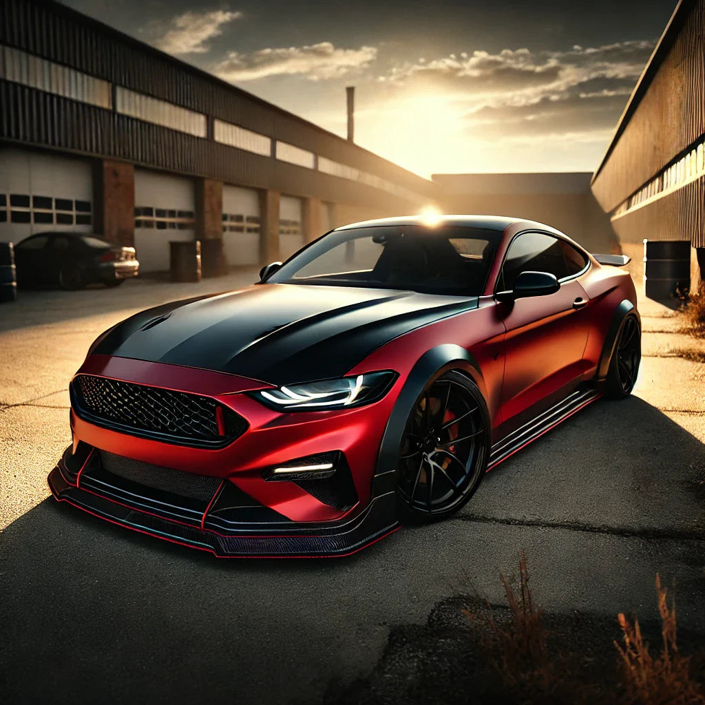 A red sports sedan featuring a full chrome delete with ChroMorpher Matte Black Chrome Delete Tape, parked in an industrial setting at sunset.