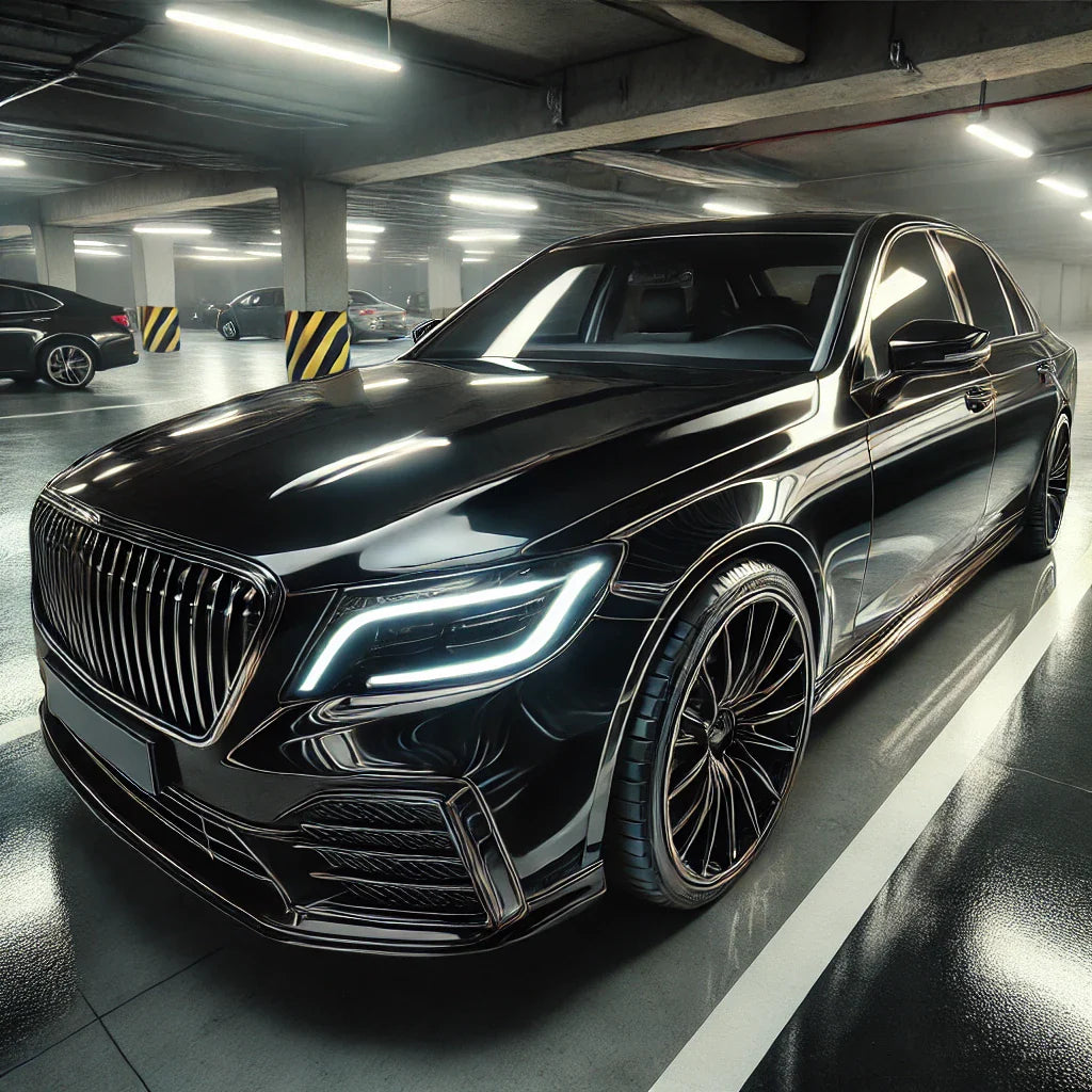 A black luxury sedan with ChroMorpher Gloss Black Chrome Delete Tape, parked in a dimly lit urban parking garage, reflecting soft lighting for a high-end look.