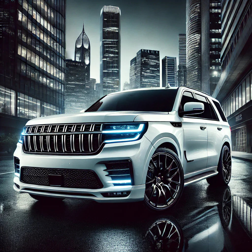 A white performance SUV with a full chrome delete using ChroMorpher Gloss Black Chrome Delete Tape, parked in a high-end cityscape at dusk with skyscrapers reflecting on its glossy trims.