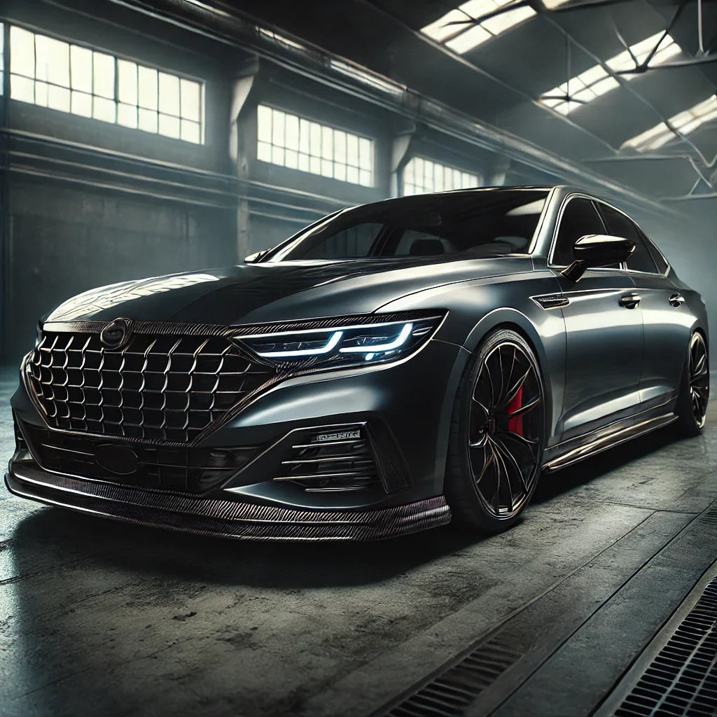 A dark gray sports sedan with ChroMorpher Carbon Chrome Delete Tape, parked in an industrial warehouse with moody lighting, highlighting the subtle carbon fiber texture.