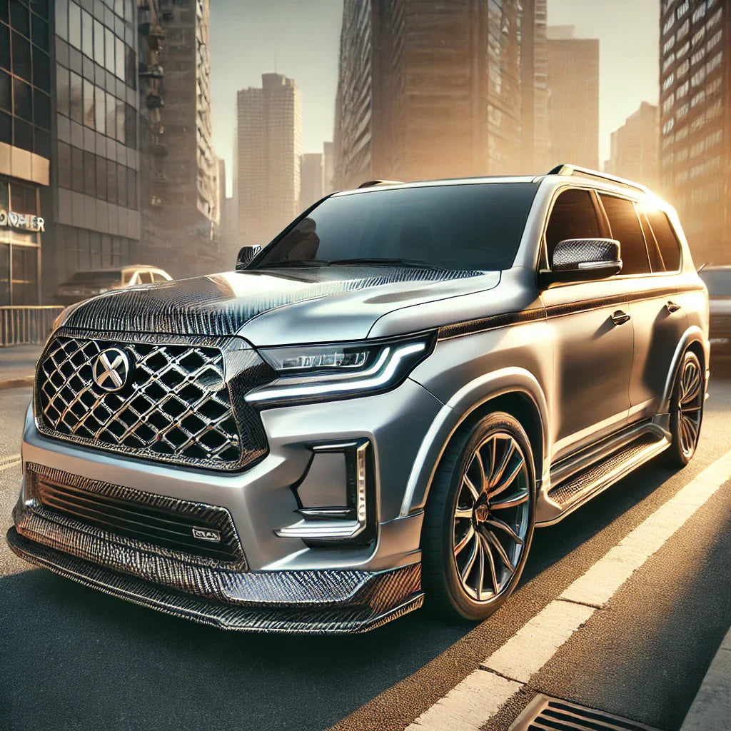 A silver performance SUV with ChroMorpher Wide Carbon Chrome Delete Tape, parked in a high-end urban setting during sunset, highlighting the textured carbon fiber finish on its trims.