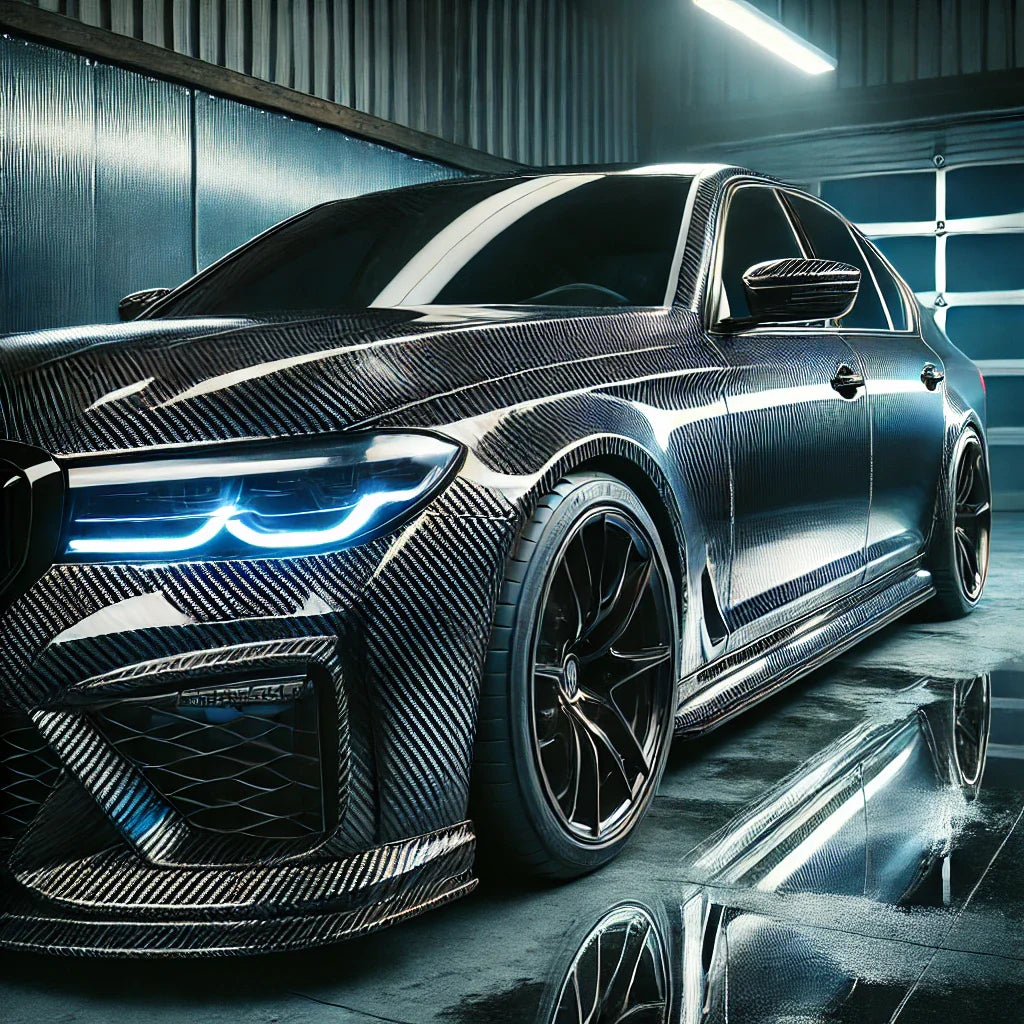 A black performance sedan with ChroMorpher Glossy Carbon Chrome Delete Tape, parked in a dimly lit garage with cool ambient lighting reflecting off its high-gloss carbon fiber trims.