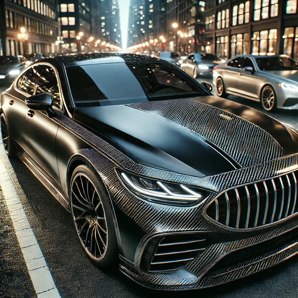 A black luxury coupe with ChroMorpher Wide Carbon Chrome Delete Tape applied to all trims, parked in a high-end urban setting at night, with soft lighting reflecting off its textured carbon fiber accents.
