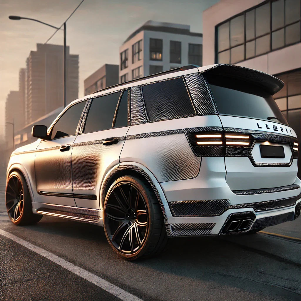 A white luxury SUV with ChroMorpher Matte Carbon Chrome Delete Tape applied to its trims, parked on a modern street at sunset.