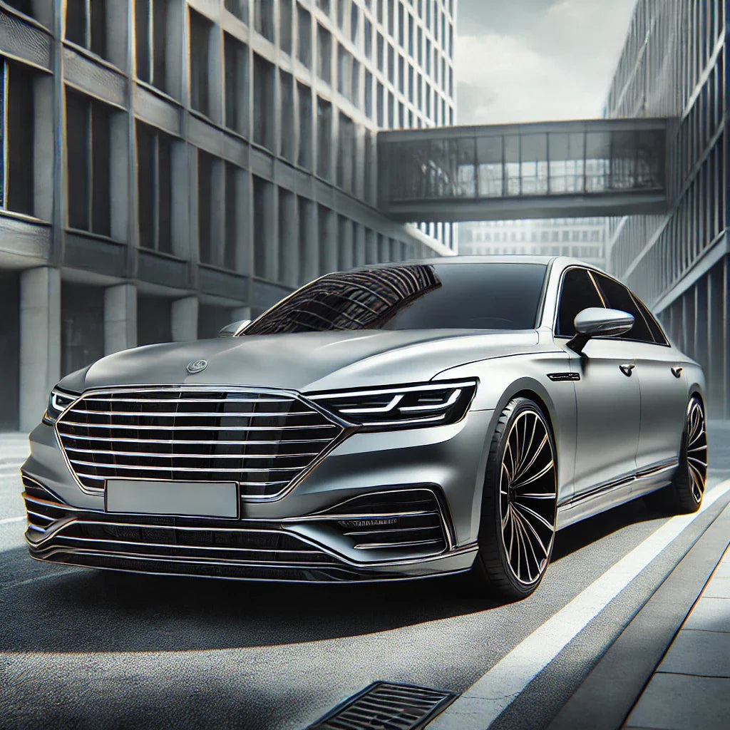 A silver luxury sedan with ChroMorpher Matte Black Chrome Delete Tape applied to window trims, grille, and roof rails, parked on a modern city street