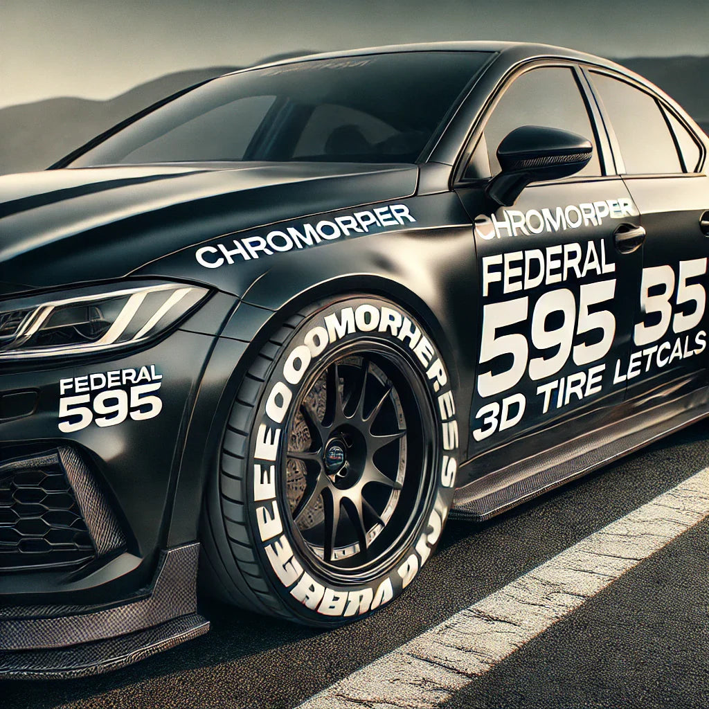 Black performance sedan with ChroMorpher Federal 595 3D Tire Lettering applied to its tires, parked on an asphalt road with a mountain backdrop under clear skies.