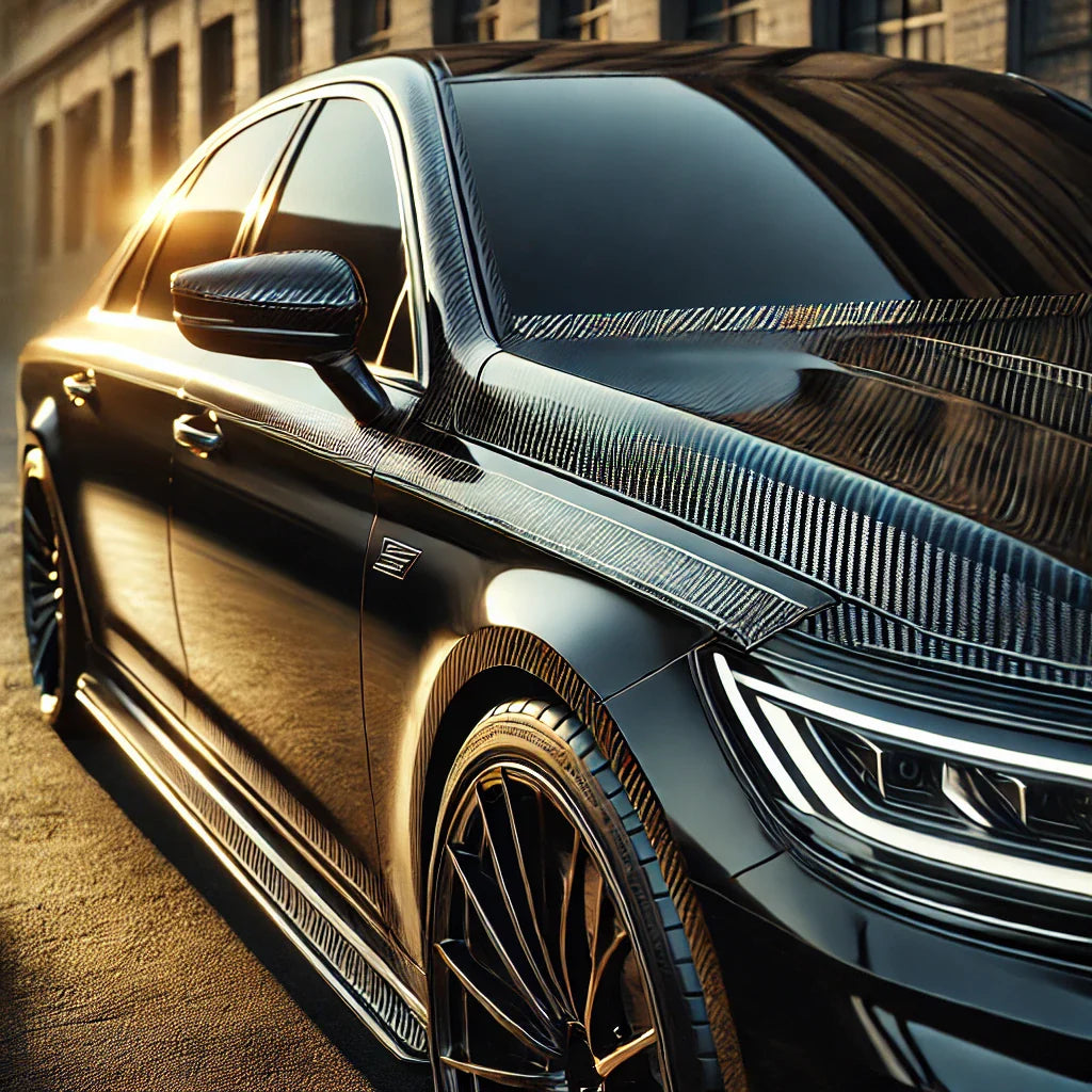 Black luxury sedan with ChroMorpher Carbon Delete Tape applied to window trims and chrome accents, parked in an urban setting during golden hour