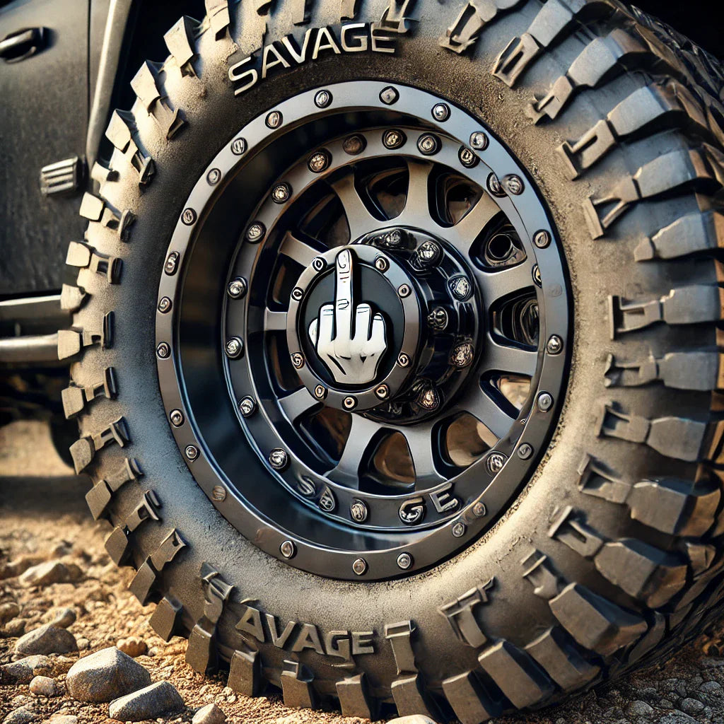 ChroMorpher Savage Valve Caps installed on an aggressive black SUV wheel, with a rugged design and middle finger emblem, parked on a gravel trail.
