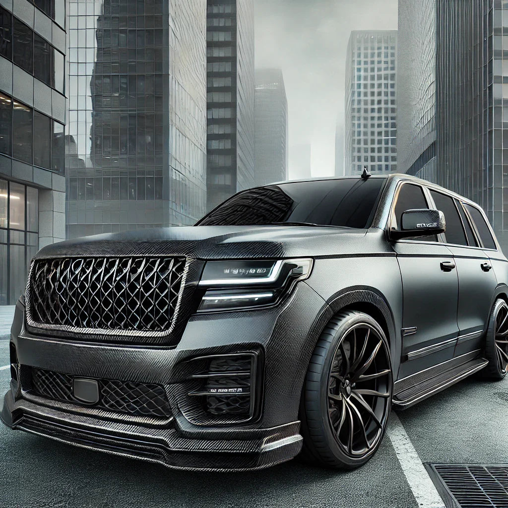 Dark gray luxury SUV with ChroMorpher Matte Carbon Chrome Delete Tape applied to trims and accents, parked on a city street under overcast skies