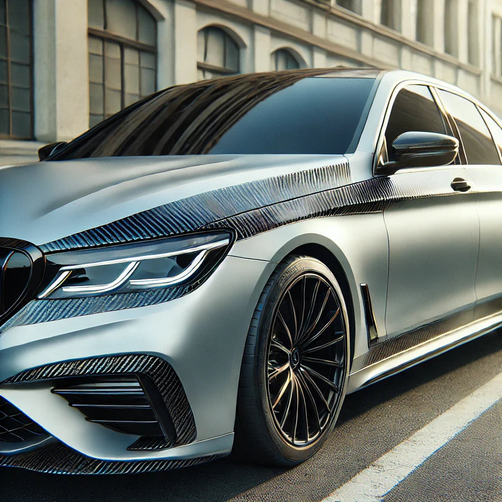 Dark gray sports sedan with ChroMorpher Matte Carbon Chrome Delete Tape on window trims and Glossy Black Chrome Delete Tape on the grille