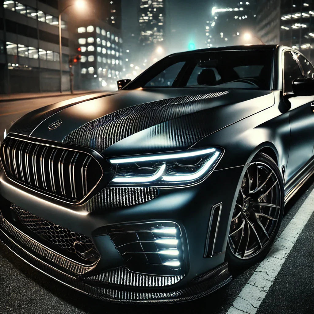 A sleek, modern car featuring various ChroMorpher Chrome Delete finishes, including Glossy Black, Matte Black, Carbon Fiber, and Brushed Black accents on window trim, grille, and door handles.