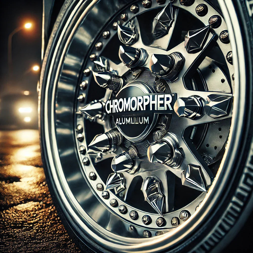A close-up of a car wheel featuring ChroMorpher’s Spiked Aluminum Valve Caps and bold 3D Tire Lettering. 