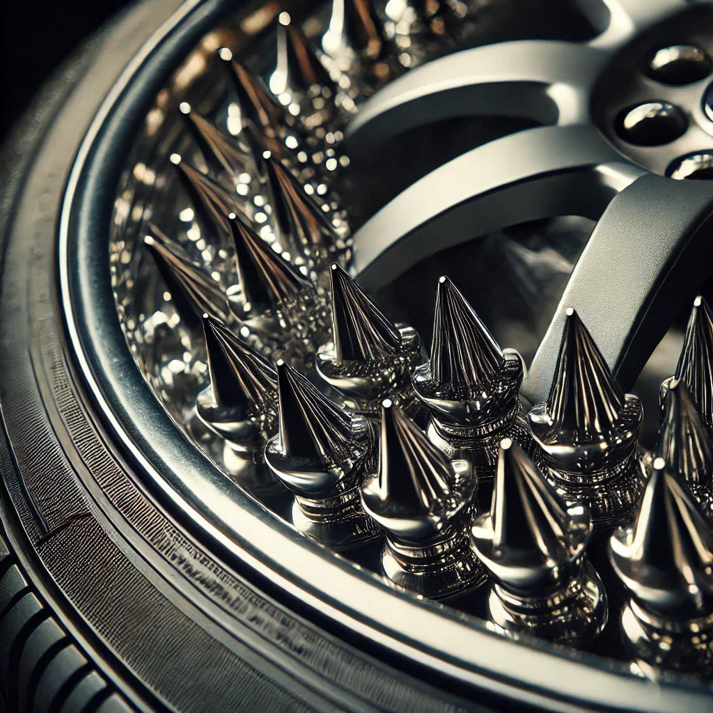 A close-up of a car wheel featuring ChroMorpher’s Spiked Aluminum Valve Caps. The spikes are sleek, aggressive, and polished, giving the wheel a bold, high-performance look.