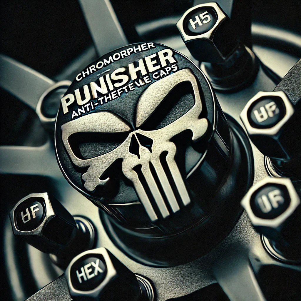 A close-up of a car wheel featuring ChroMorpher’s Punisher Anti-Theft Valve Caps. The bold skull design stands out, with a rugged, metallic finish.