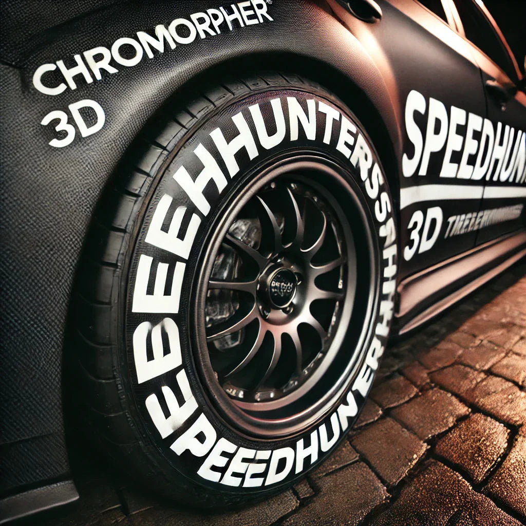 Car tire with ChroMorpher SpeedHunters 3D Tire Lettering, bold white raised letters for a race-ready look.