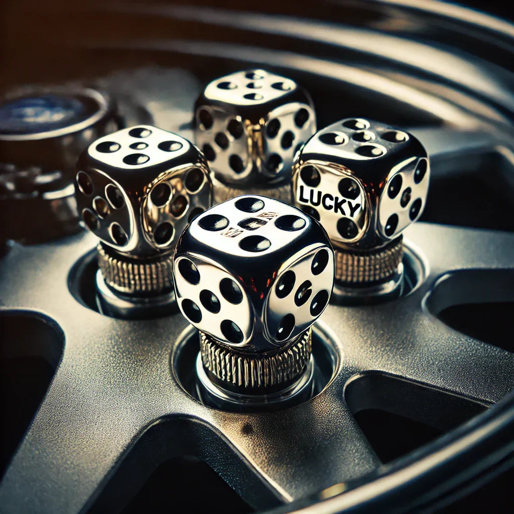 Car wheel with ChroMorpher Lucky Dice Valve Caps, metallic dice adding a fun, stylish touch.