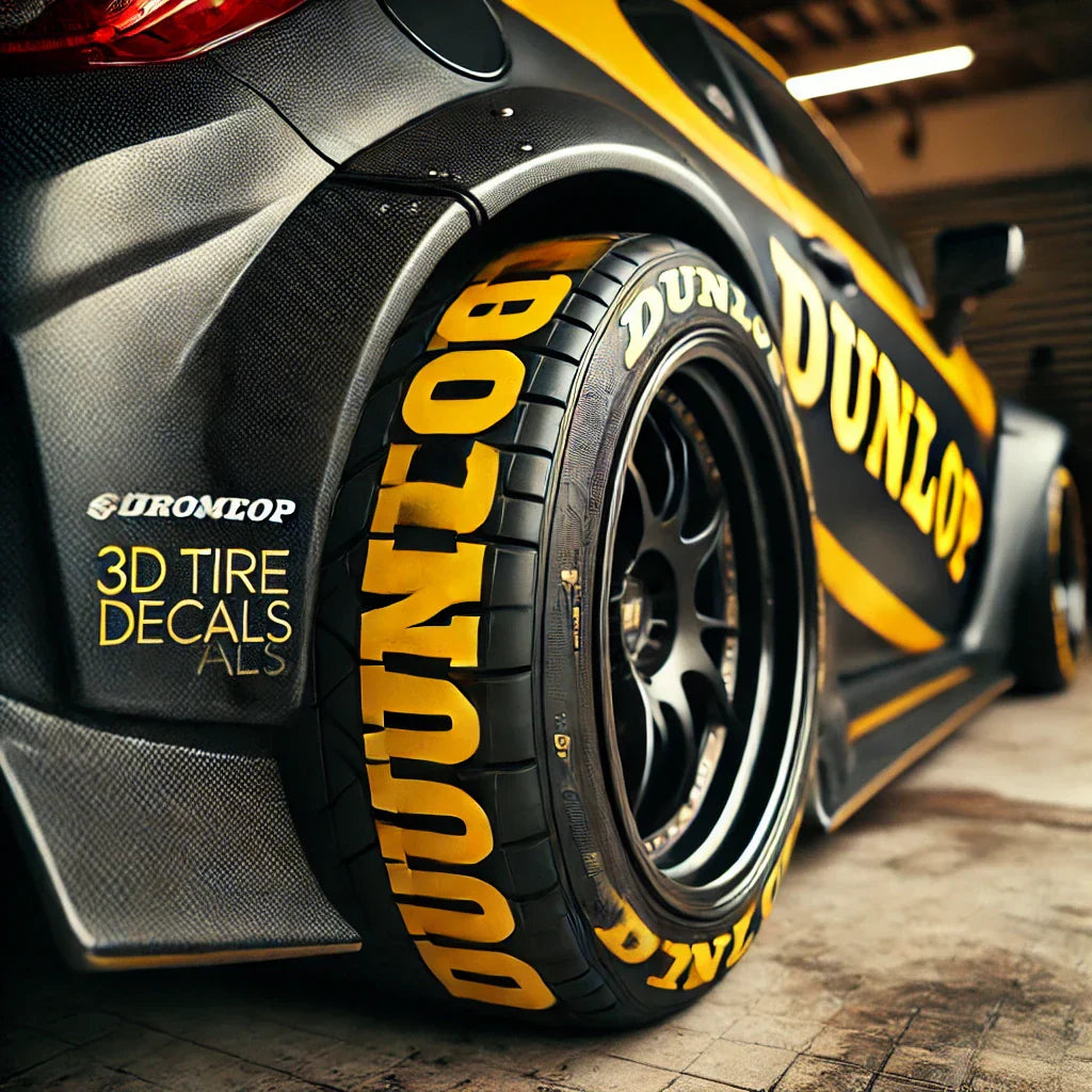 Car tire with ChroMorpher Dunlop 3D Tire Lettering, bold yellow letters for a racing-inspired look.