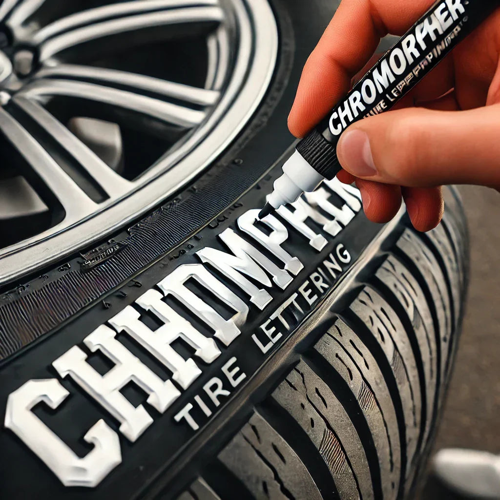 Car tire with ChroMorpher Tire Lettering Paint Pen applied, creating crisp white custom lettering.
