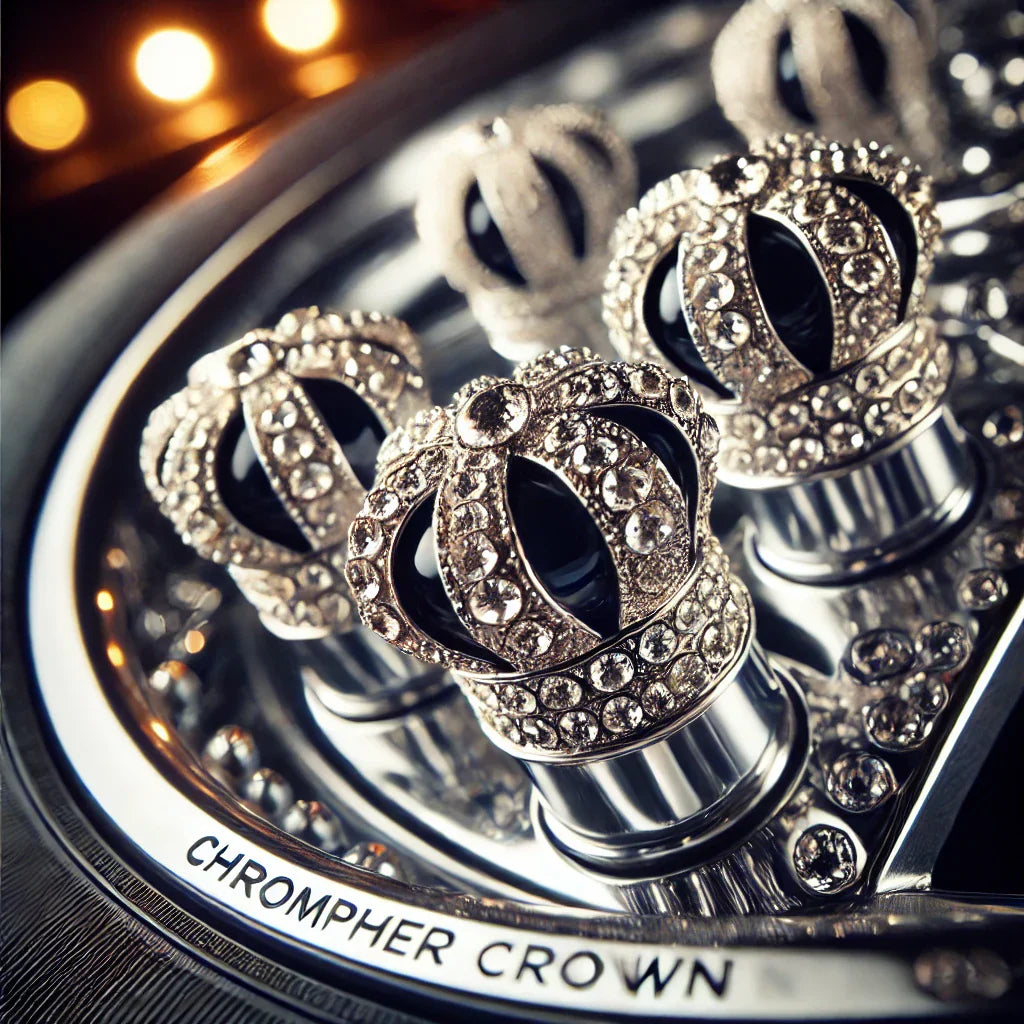 Car wheel with ChroMorpher Royal Crown Valve Caps, rhinestone-adorned crowns adding a luxury touch.