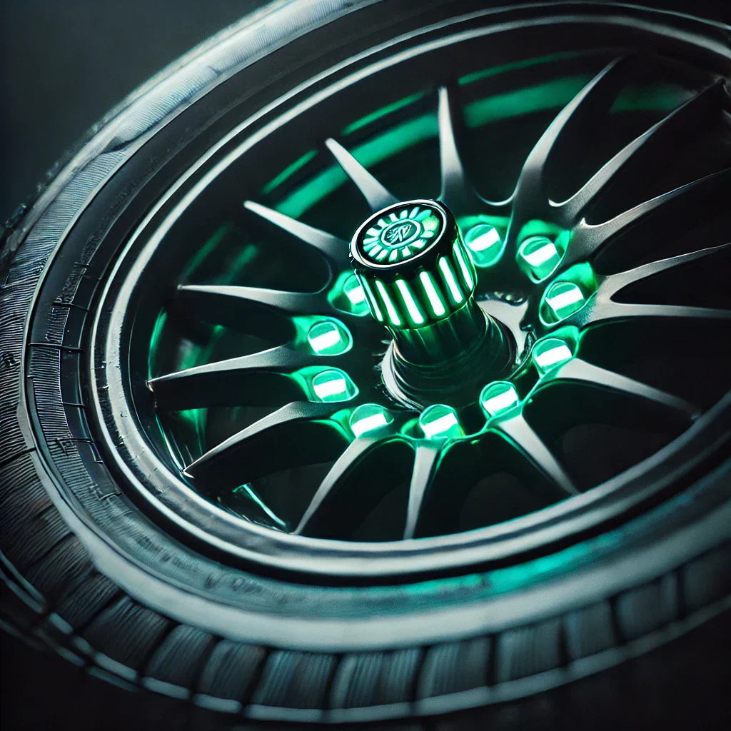 Car tire with ChroMorpher Luminous Valve Caps, glowing neon green in a dimly lit parking lot.