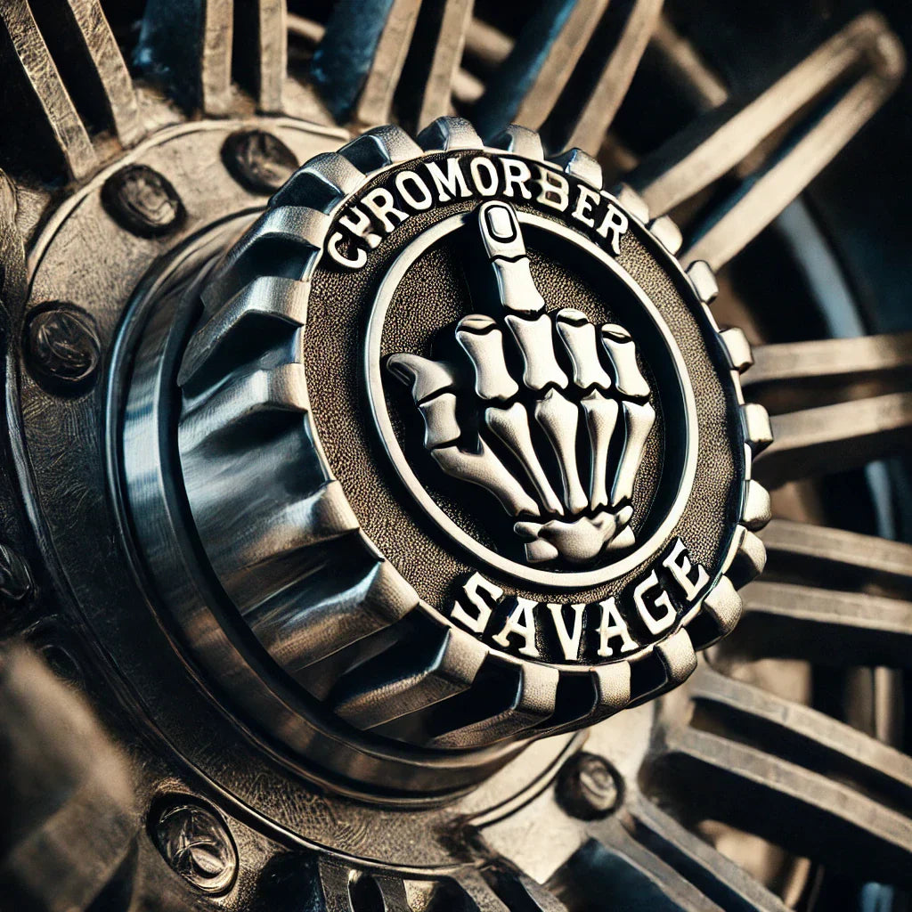 Car tire with ChroMorpher Savage Valve Caps, featuring a bold middle finger emblem for a rebellious touch.