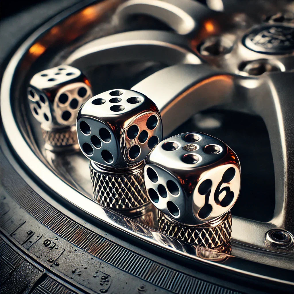 Car tire with ChroMorpher Lucky Dice Valve Caps, metallic dice adding a fun, stylish touch.