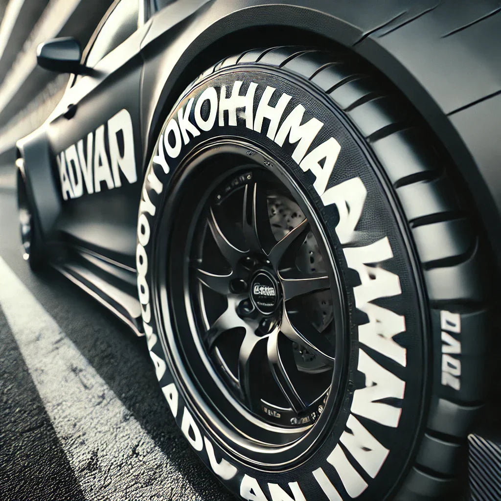 A close-up of a car tire featuring ChroMorpher Yokohama Advan 3D Tire Lettering Decals. The bold, white raised letters spell out 'Yokohama Advan,' providing a high-contrast, motorsport-inspired look.