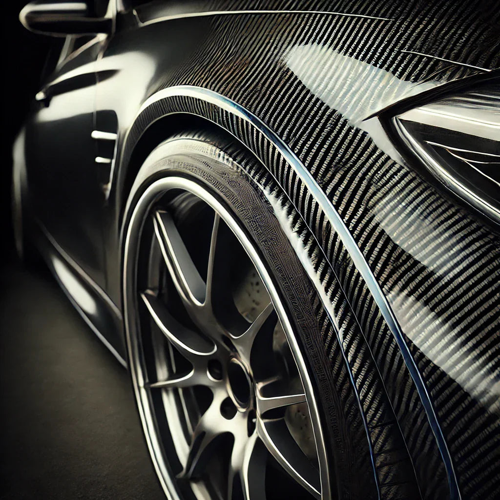 A close-up of a car tire featuring ChroMorpher Carbon Fiber Wheel Eyebrow Strip. The carbon fiber texture blends seamlessly with the fender, adding a sporty, high-performance look.