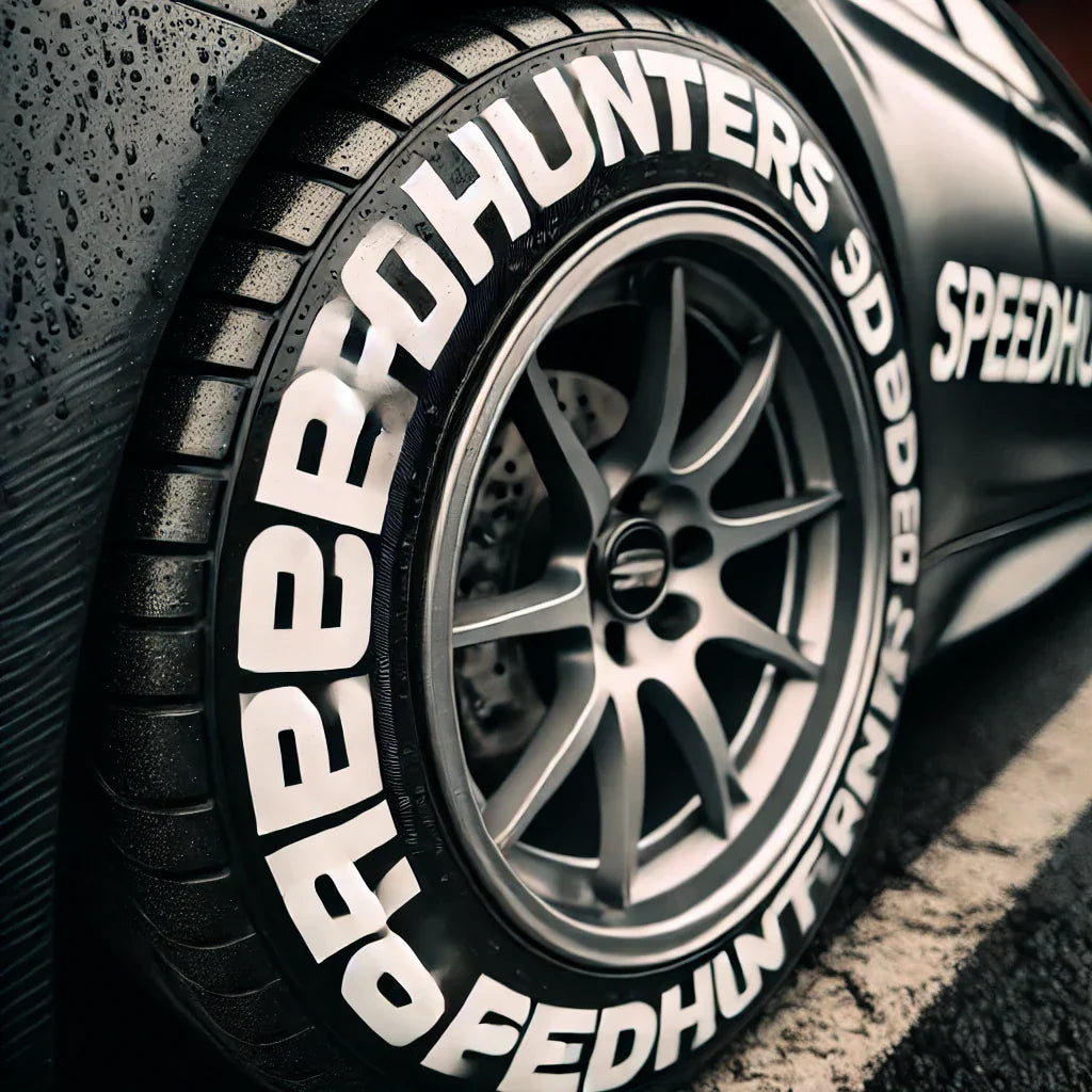 A close-up of a car tire featuring ChroMorpher SpeedHunters 3D Tire Lettering Decals. The bold, white raised letters spell out 'SpeedHunters,' providing a high-contrast, motorsport-inspired look.