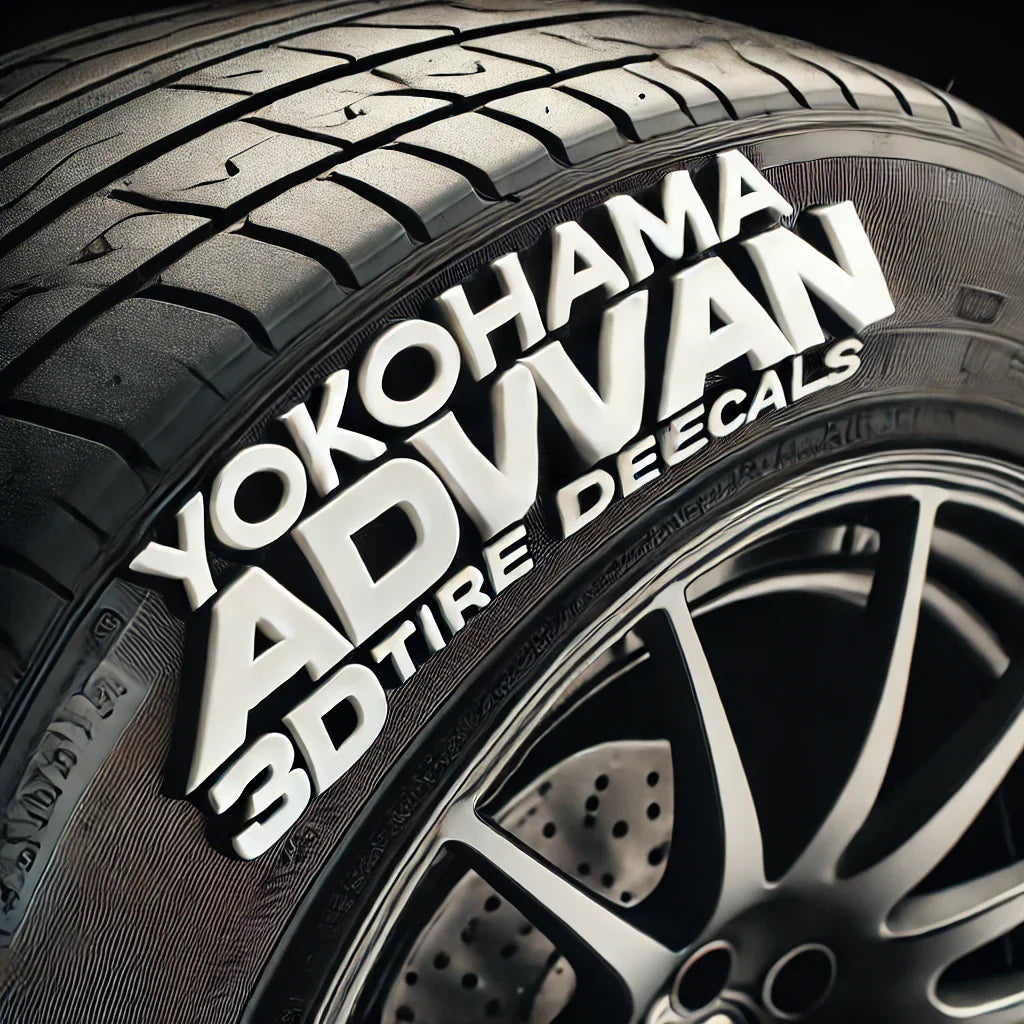 A close-up of a car tire featuring ChroMorpher Yokohama Advan 3D Tire Lettering Decals. The bold, white raised letters spell out 'Yokohama Advan,' providing a high-contrast, motorsport-inspired look.