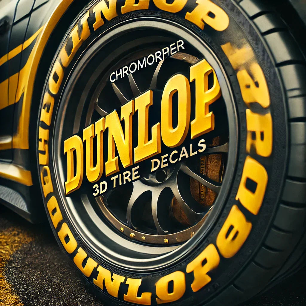 A close-up of a car tire featuring ChroMorpher Dunlop 3D Tire Lettering Decals. The bold, yellow raised letters spell out 'Dunlop,' providing a high-contrast, motorsport-inspired look.
