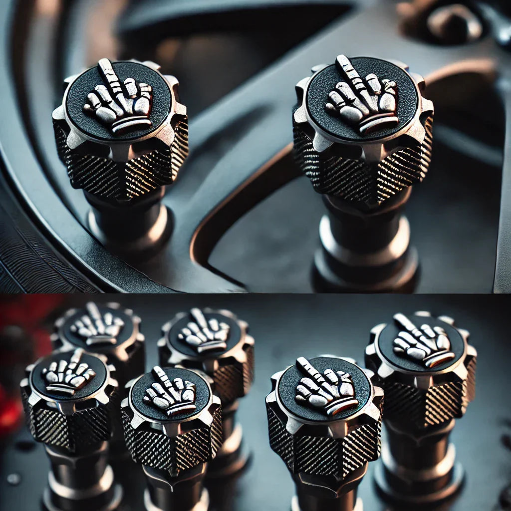 Close-up of ChroMorpher Savage Valve Caps, featuring a rugged, textured aluminum body with a rebellious middle finger emblem.