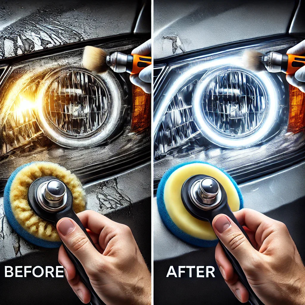 Close-up of a car headlight before and after using the ChroMorpher Headlight Polishing Kit, showing a restored, crystal-clear finish.