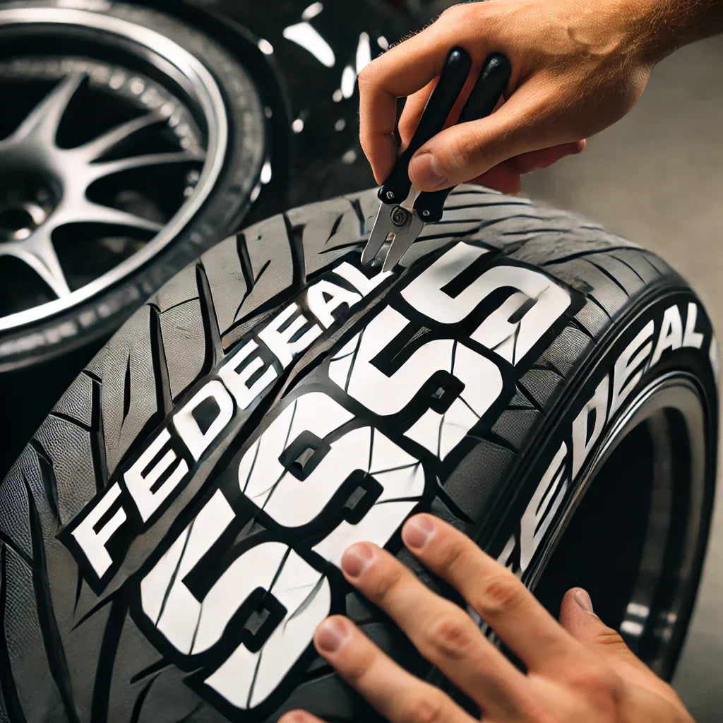 Close-up of a sports car tire with raised 3D FEDERAL 595 tire lettering decals, freshly applied using a small tool. The bold white letters contrast against the black tire for a race-inspired look.