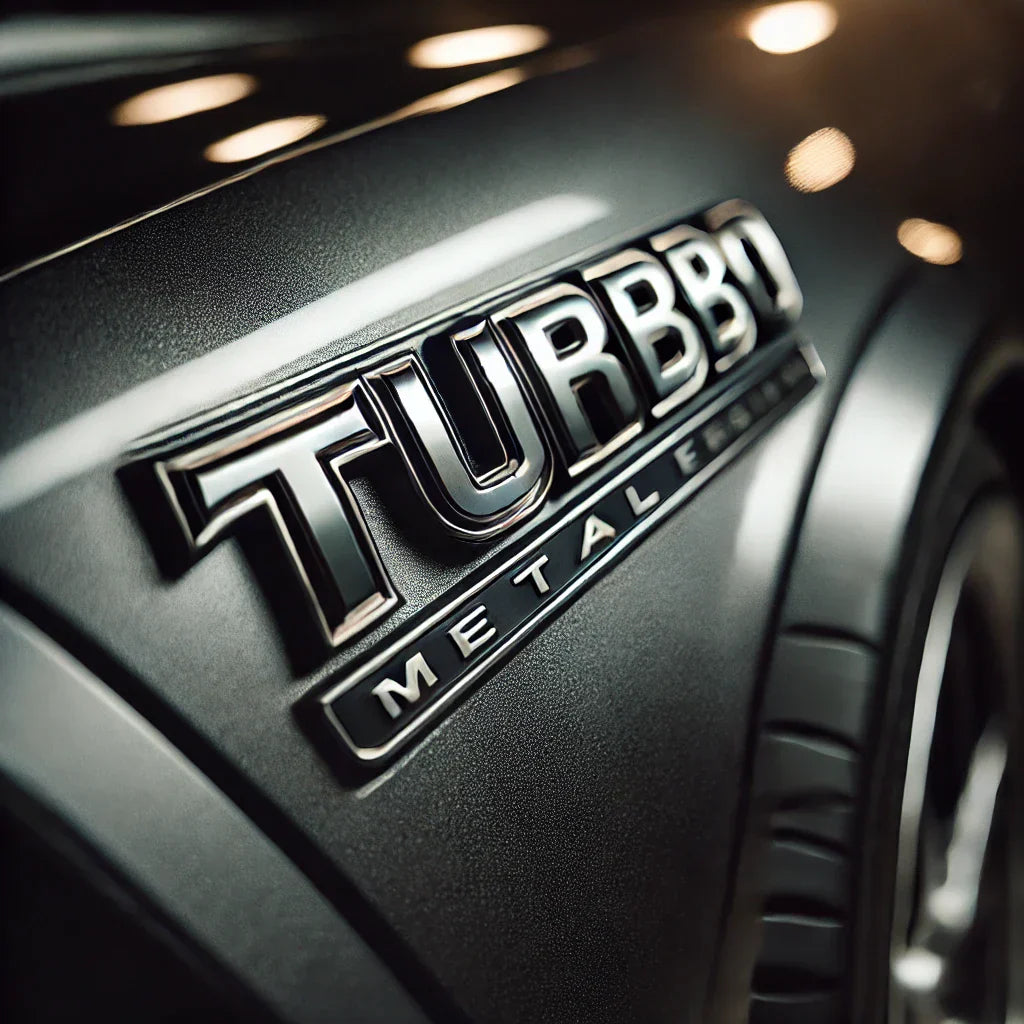 Close-up of a ChroMorpher Turbo Metal Fender Emblem on a glossy black car fender, showcasing its raised TURBO lettering and metallic finish.