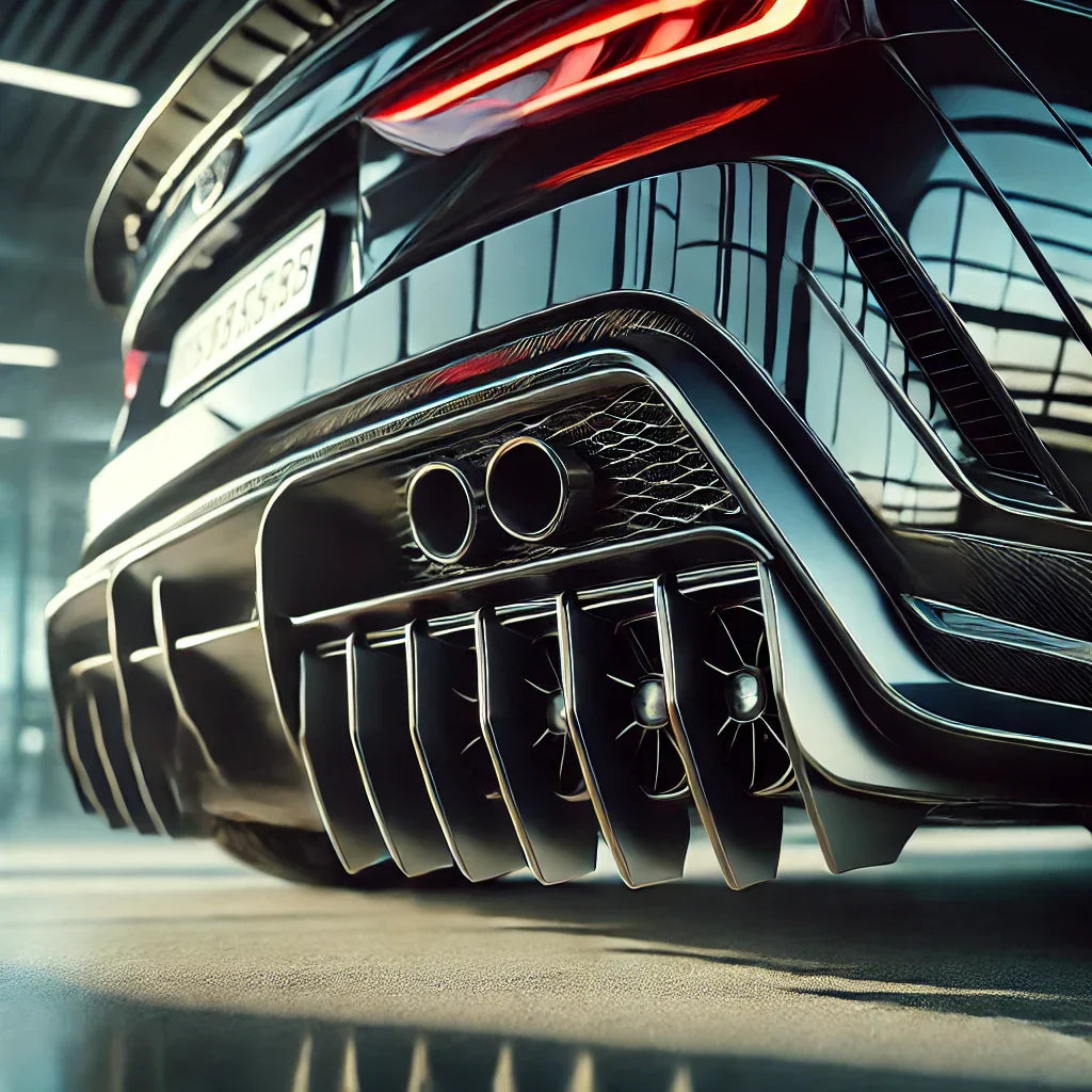 Close-up of a ChroMorpher Universal Bumper Spoiler Diffuser Kit installed on a black performance car, showcasing its sharp aerodynamic fins and aggressive styling.